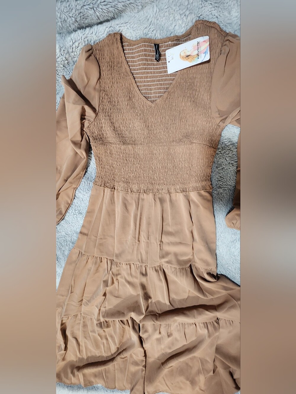 Women's Smocked V-Neck Long Sleeve Tiered Dress - Camel